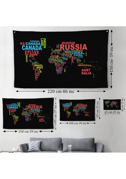 Siyah Zeminli Ülke Isimli Dünya Haritası Kanvas Duvar Örtüsü-Halısı 1015 modelleri
