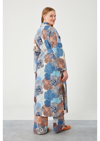 Indigo Ikili Takım Keten Çiçekli Kimono