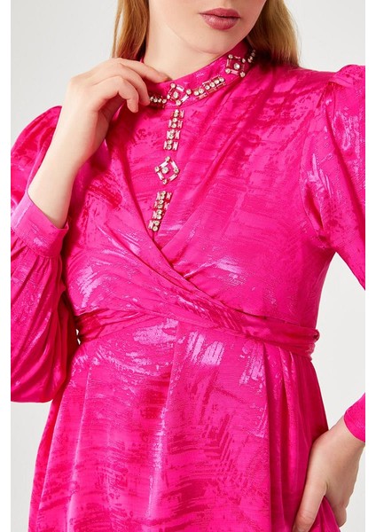 Fuşya Yaka Işlemeli Jakarlı Kumaş Pantolon Takım fırsatları