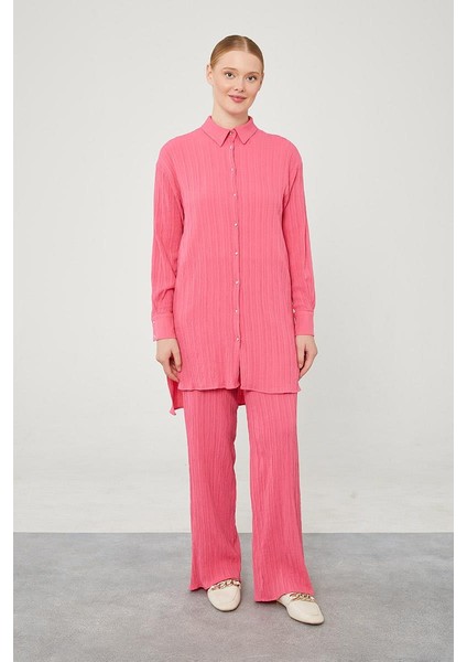 Fuşya Taşlı Düğme Detaylı Gömlek Takım