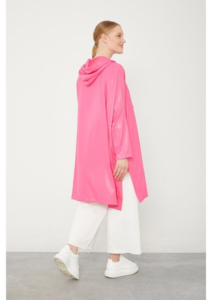 Fuşya Kanguru Çepli Parlak Kumaş Tunik