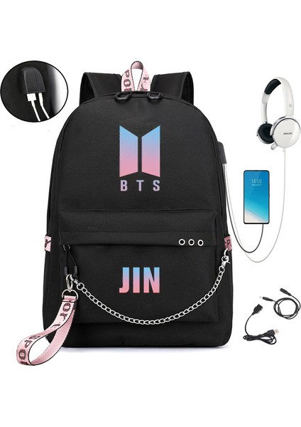 Bts Sırt Çantası Sevimli USB Şarj Okul Çantası (Siyah) (Yurt Dışından)