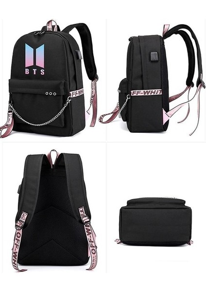Bts Sırt Çantası Sevimli USB Şarj Okul Çantası (Siyah) (Yurt Dışından) modelleri