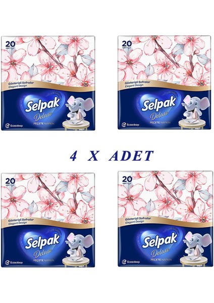 Deluxe Peçete 20'li- 4'lü Paket- Pembe-Pembedesenli