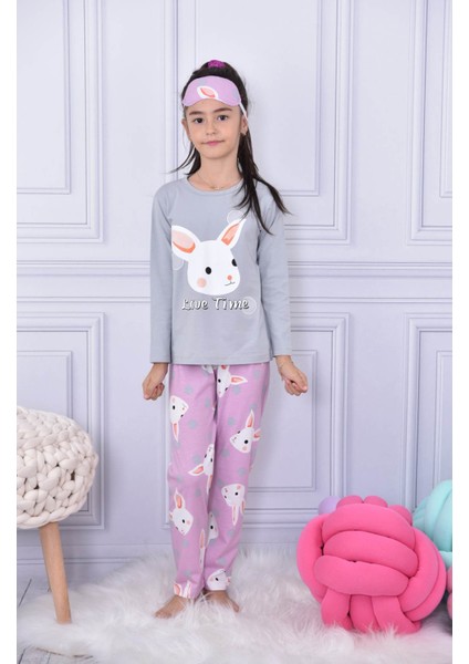 Gri Tavşanlı Puantiyeli Kız Çocuk Pijama Takımı 17028