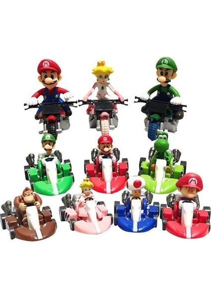 10 Adet Süper Mario Bros Kart Geri Çekin Araba Motosiklet Pvc Figure Oyuncak (Yurt Dışından)