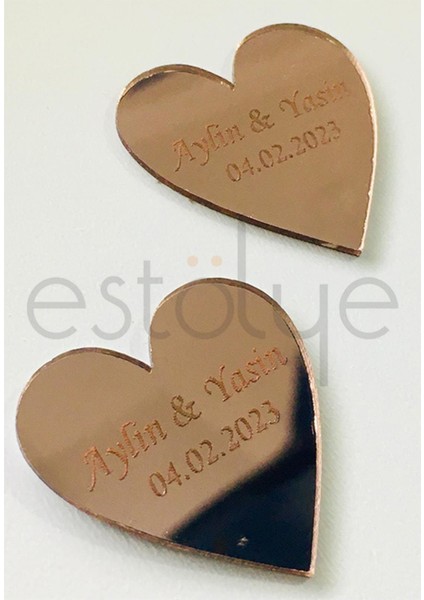 Pleksi Kişiye Özel Kalp Etiket 1mm Yapışkanlı Rosegold 25 Adet
