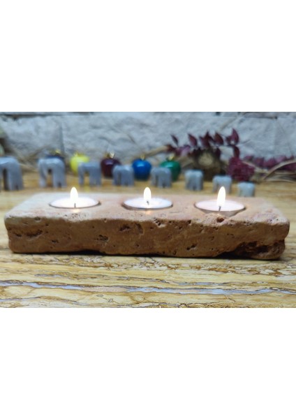 Marble Center Traverten 3'lü Mumluk Tealight %100 Doğaltaş