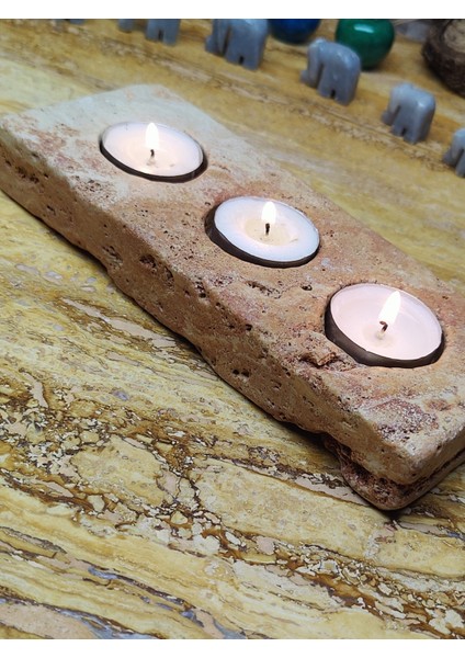 Marble Center Traverten 3'lü Mumluk Tealight %100 Doğaltaş