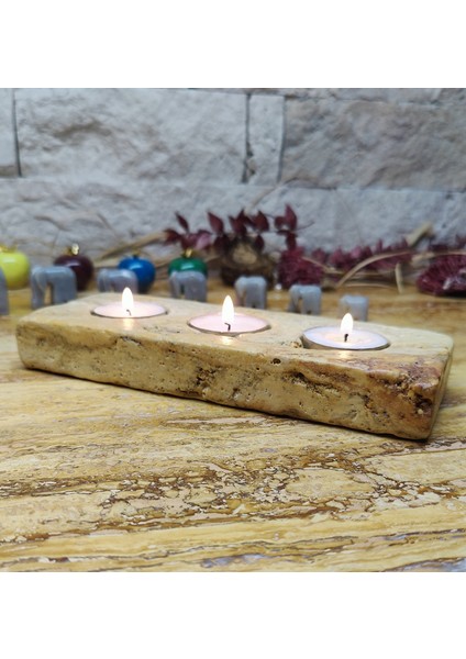 Traverten 3'lü Mumluk Tealight %100 Doğaltaş