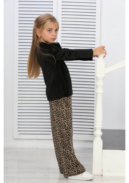 Sellfie Kids Leopar Desenli Volanlı Bluzlu Kız Çocuk Kadife Takım 17036 modelleri