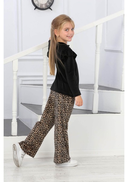 Sellfie Kids Leopar Desenli Volanlı Bluzlu Kız Çocuk Kadife Takım 17036 fırsatları