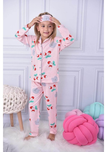 Kiraz Desenli Düğmeli Kız Çocuk Göz Bantlı Pijama Takımı 17026 fiyatları