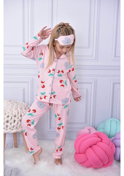 Kiraz Desenli Düğmeli Kız Çocuk Göz Bantlı Pijama Takımı 17026 modelleri