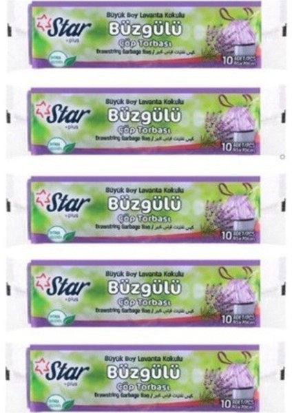 Plus Büzgülü Çöp Torbası / Poşeti - Büyük 65X70 - Lavanta Kokulu - 5 Rulo=50' Li