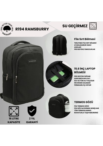Unisex Siyah Su Geçirmez Kumaş Fonksiyonel ve Şık Tasarımlı 15.6 Inç Laptop Sırt Çantası