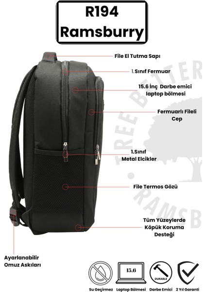 Unisex Siyah Su Geçirmez Kumaş Fonksiyonel ve Şık Tasarımlı 15.6 Inç Laptop Sırt Çantası