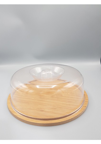 Ahşap Taban Akrilik Şeffaf Kapak Kek Fanus ÇAP:23CM Yuk 11CM