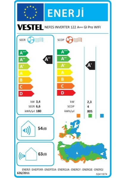 Nefes 122 GI PRO A++ 12000 BTU Wi-Fi Inverter Duvar Tipi Klima