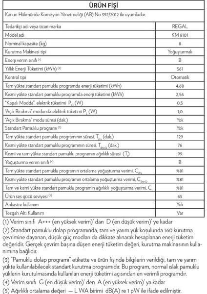 Km 8101 B Sınıfı 8kg Kurutma Makinesi