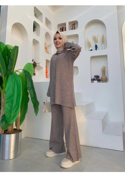 Düğmeli Tunik ve Pantolonlu Triko Takım 22245 Vizon