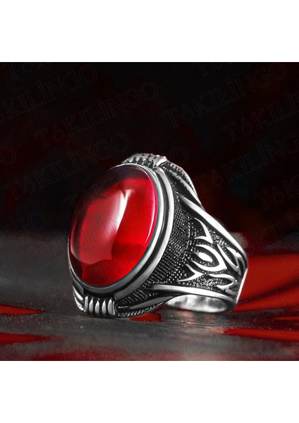 925 Ayar Gümüş Orijinal Ateş Kehribar Taşlı Usta Işi Erkek Yüzük