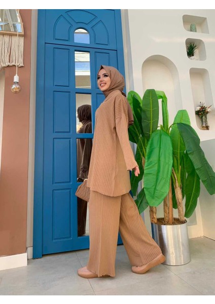 Düğmeli Tunik ve Pantolonlu Triko Takım 22245 Taba fiyatları