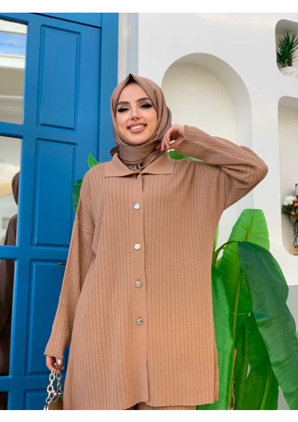 Düğmeli Tunik ve Pantolonlu Triko Takım 22245 Taba fırsatları