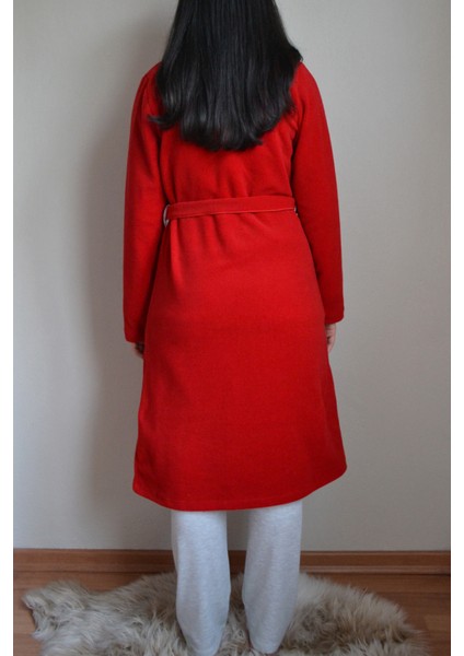 Kadın Unite Midi Boy Kruvaze Yaka Düz Renk Kuşaklı Bağlamalı Cepli Kalın Polar Kırmızı Sabahlık fiyatları