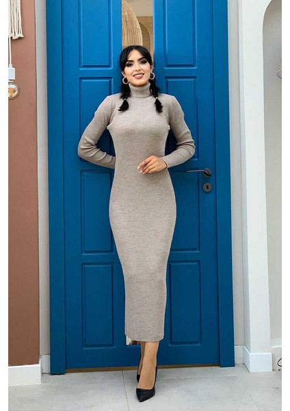 4100 Balıkçı Fitilli Elbise Vizon