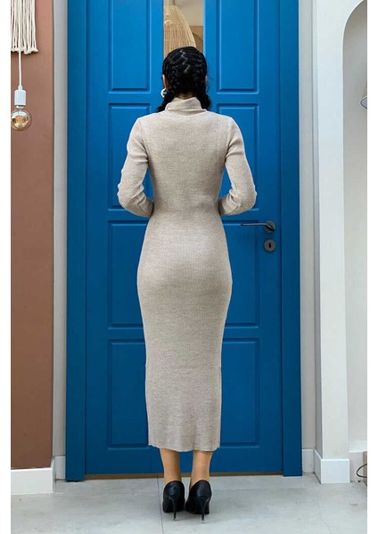 4100 Balıkçı Fitilli Elbise Vizon modelleri