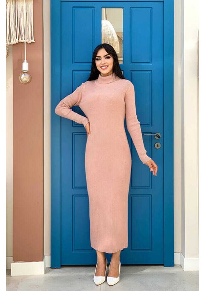 4100 Balıkçı Fitilli Elbise Pudra