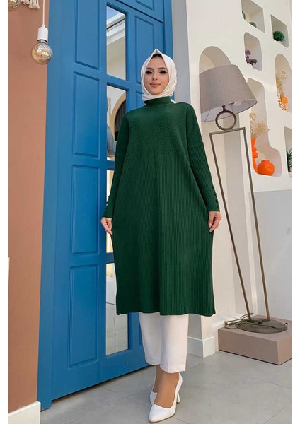 Bym Fashion 4340 Fitilli Triko Tunik Zümrüt