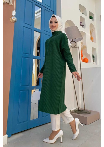 Bym Fashion 4340 Fitilli Triko Tunik Zümrüt