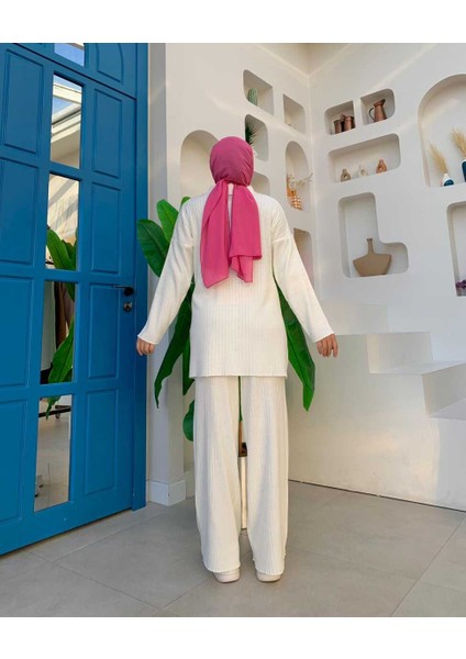 Düğmeli Tunik ve Pantolonlu Triko Takım 22245 Ekru modelleri