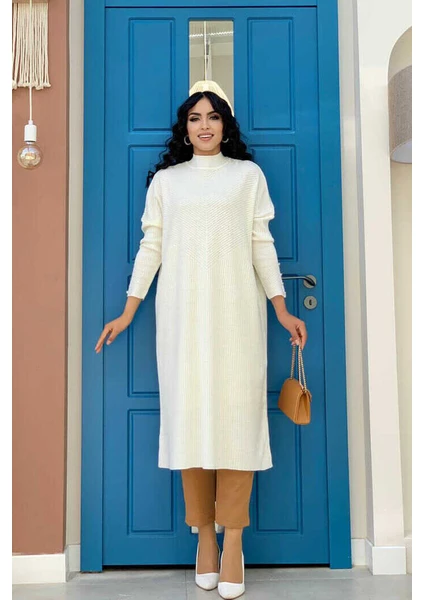 Bym Fashion 4340 Fitilli Triko Tunik Ekru