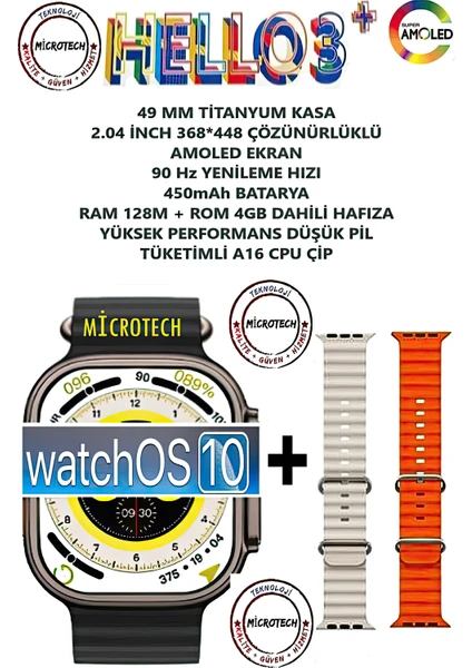 Hello Watch 3+ Plus Watch 9 Ultra 2 (Son Seri Yeni Üretim 3 Kordonlu)