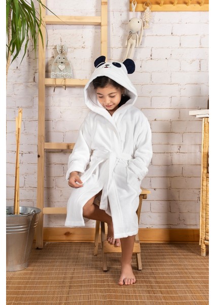 Kapşonlu Pamuklu Havlu Yumuşacık Kız-erkek Çocuk Bornozu beyaz / Panda