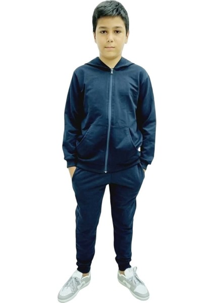 Çocuk Fermuarlı Kapüşonlu Diz Yapmaz Likralı Pamuklu Eşofman Takımı
