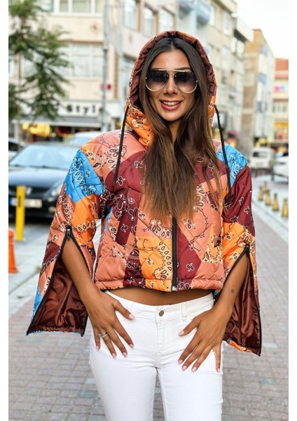 Kadın Kahverengi Desenli Kapüşonlu Kolları Fermuarlı Kısa Şişme Mont fiyatları