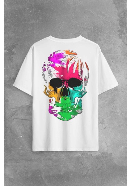 Rengarenk Kafatası Skull Head Gökkuşağı Renkleri Sırt Ön Baskılı Oversize Tişört T-Shirt