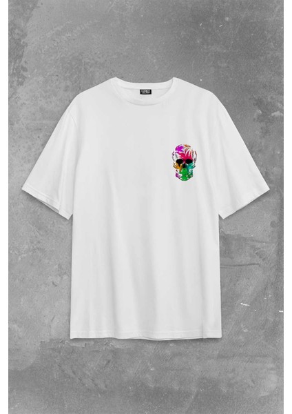 Rengarenk Kafatası Skull Head Gökkuşağı Renkleri Sırt Ön Baskılı Oversize Tişört T-Shirt fiyatları