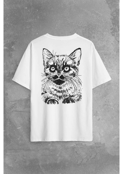 Siyah Kedi Black Cat Silüet Çizim Sırt Ön Baskılı Oversize Tişört T-Shirt