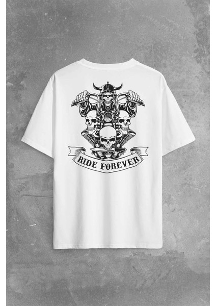 Motorcycle Skull Ride Forever Motosiklet Sırt Ön Baskılı Oversize Tişört T-Shirt