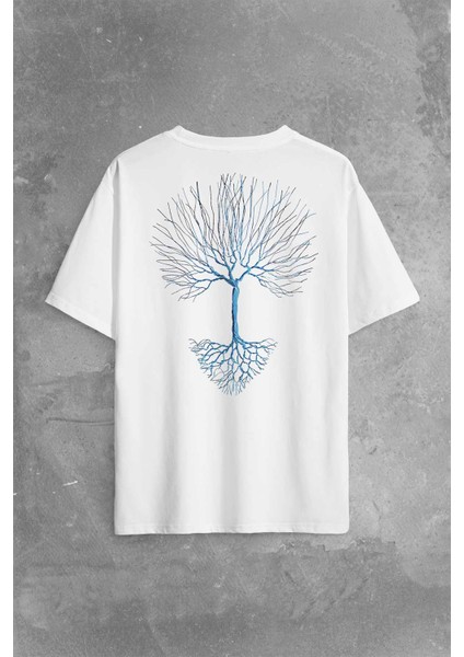 Nature Hayat Ağacı Kuru Ağaç Kökü Sırt Ön Baskılı Oversize Tişört T-Shirt