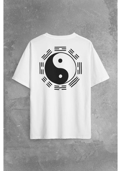Siyah ve Beyaz Ying Yang Pokemon Minimal Sırt Ön Baskılı Oversize Tişört T-Shirt