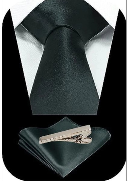 Erkek Saten Kravat Mendil ve Silver Çelik Kravat Iğne Set