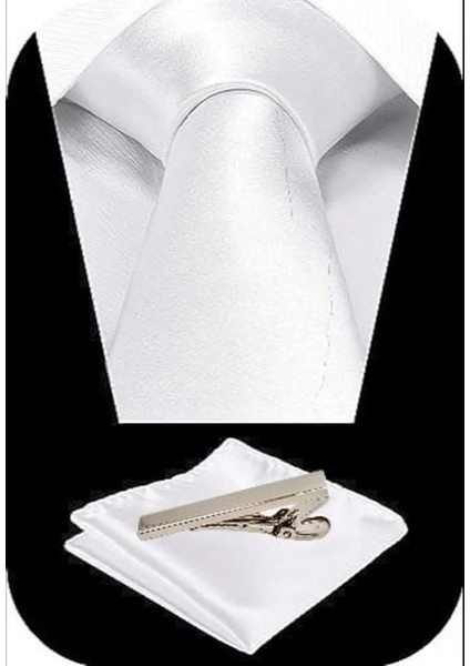 Erkek Saten Kravat Mendil ve Silver Çelik Kravat Iğne Set