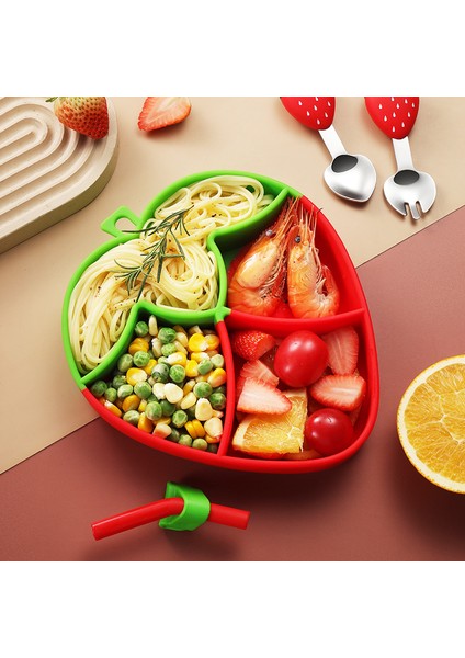 Vakumlu Silikon Mama Tabağı, Silikon Saplı Çelik Uçlu Çatal ve Kaşık ( Çilek Figürlü ) fiyatları