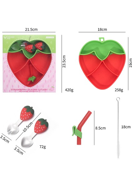 Vakumlu Silikon Mama Tabağı, Silikon Saplı Çelik Uçlu Çatal ve Kaşık ( Çilek Figürlü ) modelleri